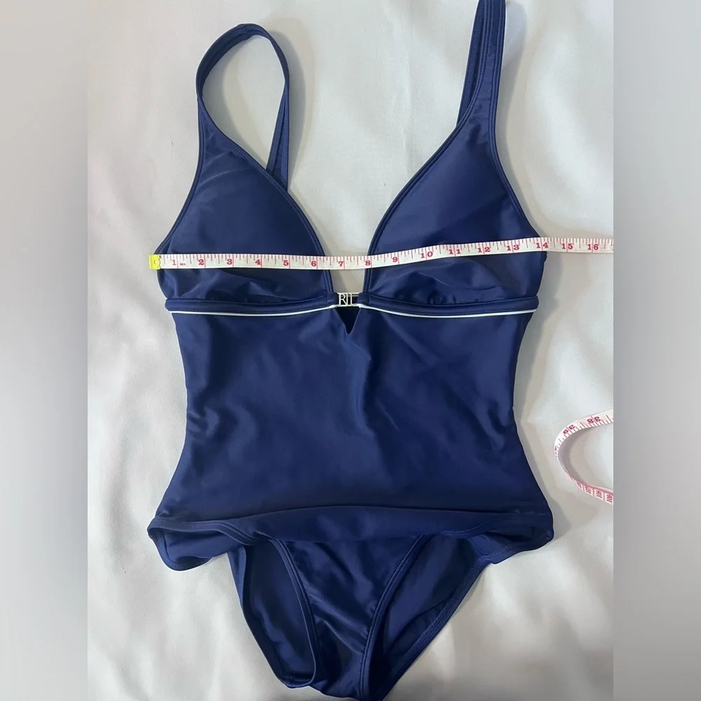 Lauren Ralph Lauren Womens Blue V Neck‎ One Piece Swimsuit Sz 10